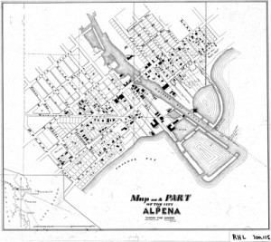 Figure 1.6 This illustration shows a large area plot plan of downtown Alpena and the piers where they were constructed. A detailed view is in Figure 1.7.