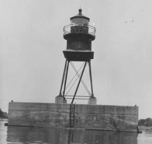 Figure 2.1 This is an illustration of the 1914 Alpena Lighthouse sometime after the compressed air fog signals were installed in 1932 with the lighthouse painted black from an undated photograph. 